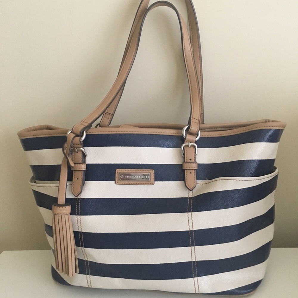 Tignanello navy blue and ivory striped bag
